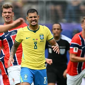 Brazil's midfielder #08 Bruno Guimaraes reacts after missing a penalty during the 2026 World Cup round of 16 football match between Brazil and Norway at the New York/New Jersey Stadium in East Rutherford on July 5, 2026.  (Photo by MAURO PIMENTEL / AFP via Getty Images)