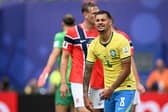 Brazil's midfielder #08 Bruno Guimaraes reacts after missing a penalty during the 2026 World Cup round of 16 football match between Brazil and Norway at the New York/New Jersey Stadium in East Rutherford on July 5, 2026.  (Photo by MAURO PIMENTEL / AFP via Getty Images)