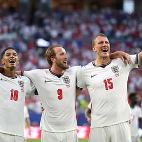 Dan Burn #15, Harry Kane #9 and Jude Bellingham #10 of England celebrate after the 2-1 victory during the FIFA World Cup 2026 Quarter Final match between Norway and England at Miami Stadium on July 11, 2026 in Miami Gardens, Florida. (Photo by Dustin Satloff/Getty Images for Rexona)