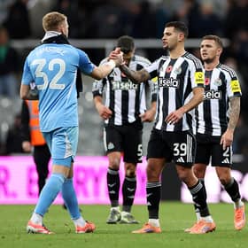 Aaron Ramsdale and Bruno Guimaraes of Newcastle United shake hands after the teams victory in the Carabao Cup Fourth Round match between Newcastle United and Tottenham Hotspur at St James' Park on October 29, 2025 in Newcastle upon Tyne, England. (Photo by Lewis Storey/Getty Images)