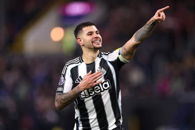 Bruno Guimaraes of Newcastle United celebrates after scoring the third Newcastle goal during the Premier League match between Burnley and Newcastle United at Turf Moor on December 30, 2025 in Burnley, England. (Photo by Stu Forster/Getty Images)