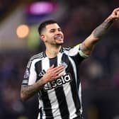 Bruno Guimaraes of Newcastle United celebrates after scoring the third Newcastle goal during the Premier League match between Burnley and Newcastle United at Turf Moor on December 30, 2025 in Burnley, England. (Photo by Stu Forster/Getty Images)