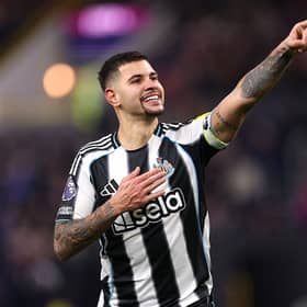 Bruno Guimaraes of Newcastle United celebrates after scoring the third Newcastle goal during the Premier League match between Burnley and Newcastle United at Turf Moor on December 30, 2025 in Burnley, England. (Photo by Stu Forster/Getty Images)
