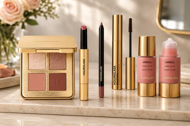 Hourglass beauty favourites including the Curator Eyeshadow Palette, Phantom Volumising Glossy Balm, Shape & Sculpt Lip Liner, Unlocked Instant Extensions Mascara and Unreal Liquid Blush.