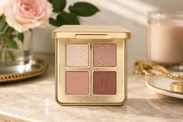 The Hourglass Curator Eyeshadow Palette in Idealist Rose features four wearable neutral shades housed in a refillable gold compact.