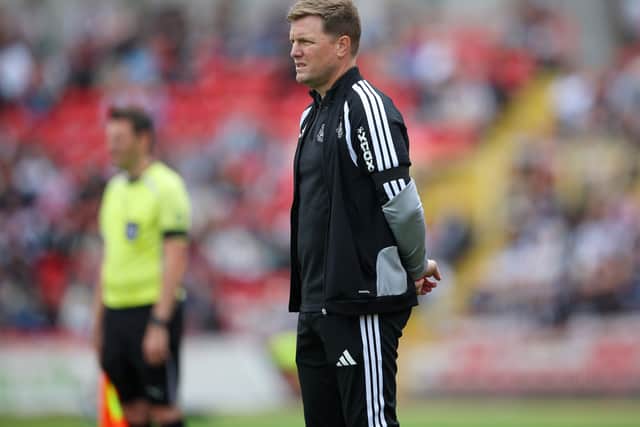 Newcastle United manager Eddie Howe looks on during the pre-season friendly match between Gateshead and Newcastle United at Gateshead International Stadium on July 25, 2026 in Gateshead, England. (Photo by Ed Sykes/Getty Images)