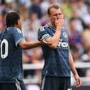 Will Osula (l) and captain Dan Burn of Newcastle United in discussion during the pre-season friendly match between Newcastle United and Strasbourg at St James' Park on August 16, 2026 in Newcastle upon Tyne, England. (Photo by Stu Forster/Getty Images)