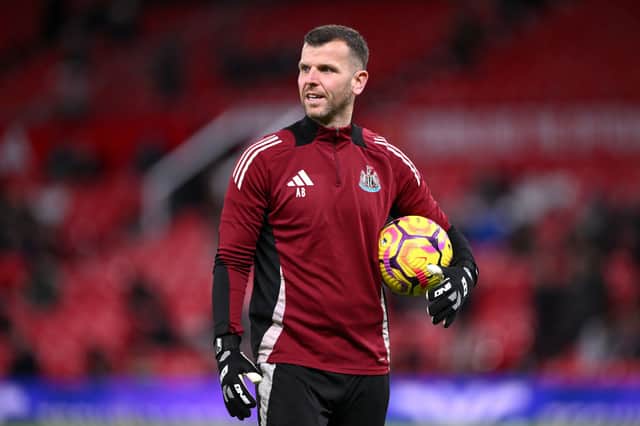 MANCHESTER, ENGLAND - DECEMBER 30: Newcastle United goalkeeper coach Adam Bartlett pictured during the Premier League match between Manchester United FC and Newcastle United FC at Old Trafford on December 30, 2024 in Manchester, England. (Photo by Stu Forster/Getty Images)