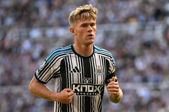 Newcastle United's English midfielder #03 Lewis Hall during the English Premier League football match between Newcastle United and Liverpool at St James' Park in Newcastle-upon-Tyne, north east England on August 23, 2026. (Photo by Paul ELLIS / AFP via Getty Images)