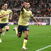 Arsenal's Brazilian midfielder #39 Bruno Guimarães celebrates scoring the opening goal during the English Premier League football match between Sunderland and Arsenal at The Stadium of Light in Sunderland in north east England on September 12, 2026. (Photo by Oli SCARFF / AFP via Getty Images)