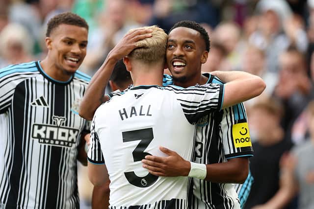 Lewis Hall of Newcastle United celebrates scoring his team’s second goal with Joe Willock during the Premier League 2026/27 match between Newcastle United and Hull City at St James' Park on September 19, 2026 in Newcastle upon Tyne, England. (Photo by Ian MacNicol/Getty Images)