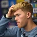 England's defender Lewis Hall addresses a press conference on the eve of their UEFA Nations League group stage football match against the Czech Republic at Fortuna Arena on September 28, 2026 in Prague. (Photo by Michal Cizek / AFP via Getty Images)