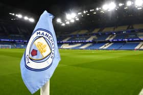 A general view of a corner flag inside the Etihad Stadium before Manchester City's match against Bayer Leverkusen
