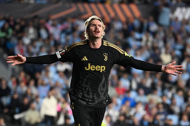 Juventus' German forward #27 Nick Woltemade celebrates scoring his team's first goal during the Europa League round 1 day 2 football match between RC Celta de Vigo and Juventus FC at the Balaidos Stadium in Vigo on October 15, 2026. (Photo by Miguel RIOPA / AFP via Getty Images)