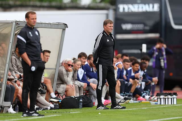 Newcastle United manager Eddie Howe looks on during the pre-season friendly match between Gateshead and Newcastle United at Gateshead International Stadium on July 25, 2026 in Gateshead, England. (Photo by Ed Sykes/Getty Images)