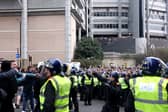 Police officers separate fans of Newcastle United and Sunderland outside the stadium prior to the Premier League match between Newcastle United and Sunderland at St James' Park on March 22, 2026 in Newcastle upon Tyne, England. (Photo by Carl Recine/Getty Images)