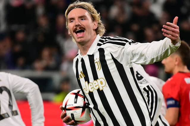 Juventus' German forward #27 Nick Woltemade kicks and scores a penalty during the UEFA Europa League - 1st round day 3 football match between Juventus and Rennes at the Allianz stadium in Turin, on October 22, 2026. (Photo by Marco BERTORELLO / AFP via Getty Images)