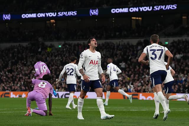 Tottenham Hotspur's Italian midfielder #16 Sandro Tonali (C) reacts after a missed opportunity during the English Premier League football match between Tottenham Hotspur and Coventry City at the Tottenham Hotspur Stadium in London, on October 19, 2026. (Photo by Ben Stansall / AFP via Getty Images)