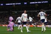 Tottenham Hotspur's Italian midfielder #16 Sandro Tonali (C) reacts after a missed opportunity during the English Premier League football match between Tottenham Hotspur and Coventry City at the Tottenham Hotspur Stadium in London, on October 19, 2026. (Photo by Ben Stansall / AFP via Getty Images)