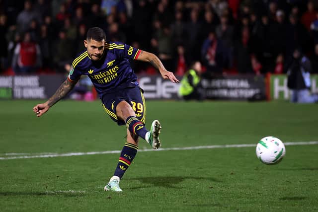 Bruno Guimaraes of Arsenal shoots and misses his teams fourth penalty in the shootout during the Carabao Cup Fourth Round match between Fleetwood Town and Arsenal at Highbury Stadium on October 27, 2026 in Fleetwood, England. (Photo by Carl Recine/Getty Images)