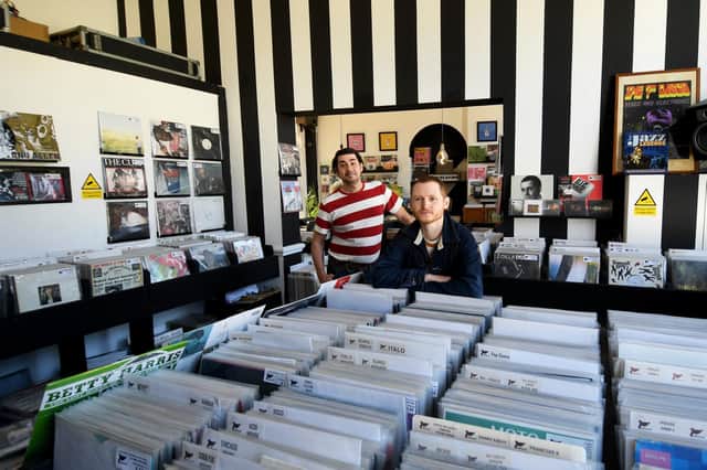 Record Store Day promotion at Released Records, Corn Exchange, Leeds. Mark Crossley (right) and Sam Jefferies pictured in the store. Picture by Simon Hulme