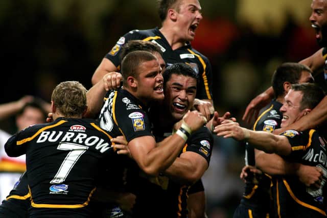 Jordan Tansey is mobbed by team-mates after his late winning try for Leeds Rhinos against Bradford Bulls at the first Magic Weekend in Cardiff back in 2007: Picture: Gareth Copley/PA Wire.