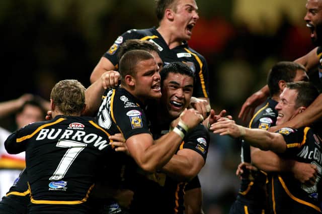 Jordan Tansey is mobbed by team-mates after his late winning try for Leeds Rhinos against Bradford Bulls at the first Magic Weekend in Cardiff back in 2007: Picture: Gareth Copley/PA Wire.
