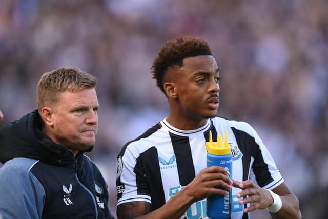 Newcastle United head coach Eddie Howe with goalscorer Joe Willock, who felt his hamstring during the win over Manchester United.