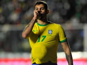 Newcastle United's Bruno Guimaraes celebrates after scoring for Brazil against Bolivia.