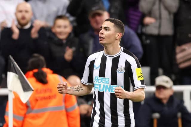 Miguel Almiron of Newcastle United celebrates scoring their side's first goal during the Premier League match between Newcastle United and Everton FC at St. James Park on October 19, 2022 in Newcastle upon Tyne, England. (Photo by George Wood/Getty Images)