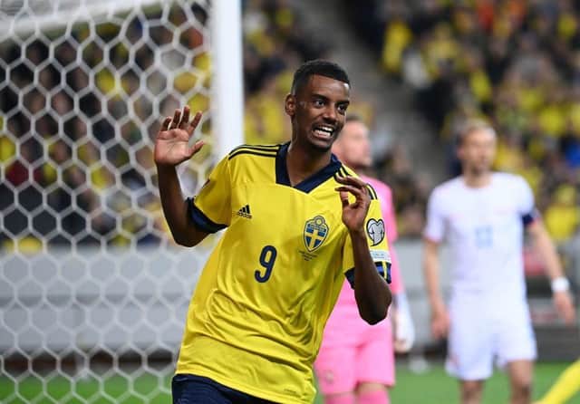 Sweden's forward Alexander Isak reacts during the FIFA World Cup Qualifier football match Sweden vs Czech Republic in Solna, on March 24, 2022. (Photo by JONATHAN NACKSTRAND/AFP via Getty Images)