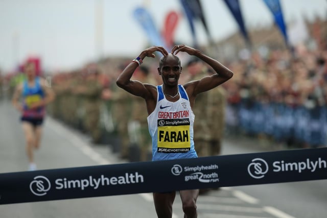 In 2017, British runner Mo Farah won the race for the fourth time since 2014. Here he is photographed doing his iconic, trademark ‘Mobot’ gesture.