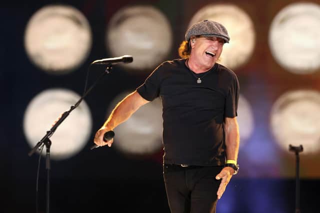 Brian Johnson of AC/DC joined Sam Fender on stage during the second of Fender's two St James Park shows. (Photo by Kevin Winter/Getty Images for Global Citizen VAX LIVE)