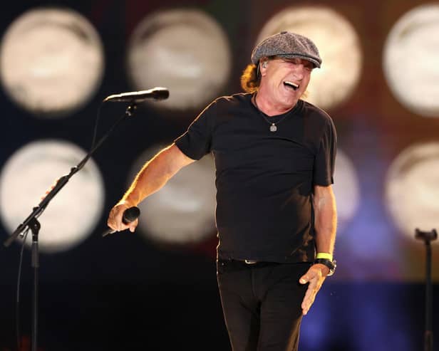Brian Johnson of AC/DC joined Sam Fender on stage during the second of Fender's two St James Park shows. (Photo by Kevin Winter/Getty Images for Global Citizen VAX LIVE)