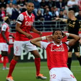 Reims' forward Hugo Ekitike celebrates after scoring a goal during the French L1 football match between Stade de Reims and OGC Nice at Stade Auguste-Delaune in Reims, northern France on May 21, 2022. 