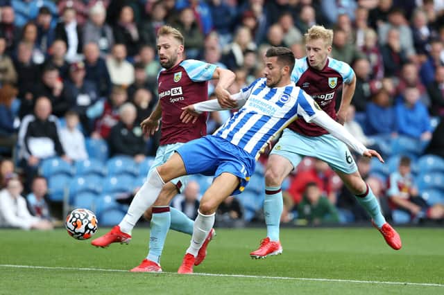 Jakub Moder of Brighton is challenged by Charlie Taylor and Ben Mee of Burnley and Hove Albion during the Premier League match between Burnley and Brighton & Hove Albion at Turf Moor on August 14, 2021. (Photo by Nigel Roddis/Getty Images)