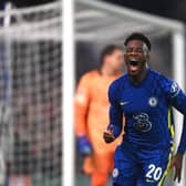 Callum Hudson-Odoi of Chelsea celebrates after scoring against Juventus at Stamford Bridge  (Photo by Mike Hewitt/Getty Images)