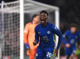 Callum Hudson-Odoi of Chelsea celebrates after scoring against Juventus at Stamford Bridge  (Photo by Mike Hewitt/Getty Images)