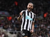 Joelinton of Newcastle United celebrates scoring a penalty in the penalty shoot out during the Carabao Cup Third Round match between Newcastle United and Crystal Palace at St James' Park on November 09, 2022 in Newcastle upon Tyne, England. (Photo by George Wood/Getty Images)