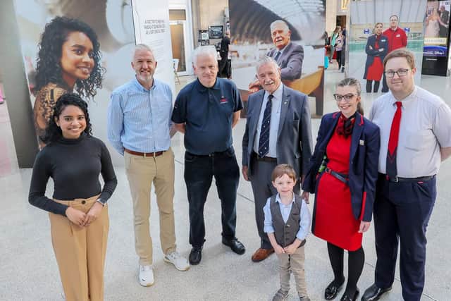 London North Eastern Railway (LNER) has brought 100 real stories to life as it celebrates its centenary with an exhibition which was launched at Newcastle Central Station today. Each story and portrait can be accessed via the LNER website. l to r.
Ramya Rao, Matt Delaney, Nick Dudley, Frank Paterson, 5-year-old Rupert Turner with Hayley and Ryan O'Donnell