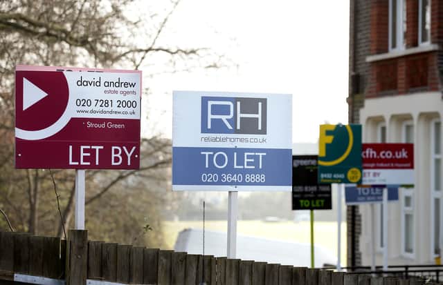 EMBARGOED TO 0001 THURSDAY AUGUST 10 File photo dated 03/04/16 of estate agent signs placed outside homes, as rents are likely to continue rising sharply despite the cost-of-living crisis, surveyors are warning.