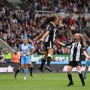 Newcastle United Women's captain Brooke Cochrane celebrates with Katie Barker (r) after scoring the second goal from the penalty spot during the FA Women's National League Division One North match against Alnwick Town Ladies at St James' Park on May 01, 2022 in Newcastle upon Tyne, England. (Photo by Stu Forster/Getty Images)