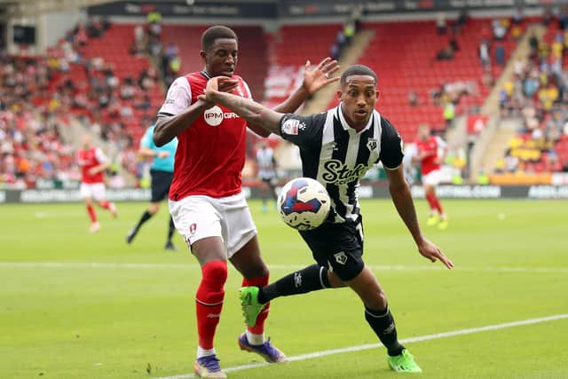 Rotherham United's Wes Harding (left) and Watford's Joao Pedro battle for the ball (Picture: Isaac Parkin/PA Wire)