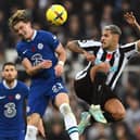 Newcastle player Bruno Guimaraes challenges Conor Gallagher of Chelsea during the Premier League match between Newcastle United and Chelsea FC at St. James Park on November 12, 2022 in Newcastle upon Tyne, England. (Photo by Stu Forster/Getty Images)
