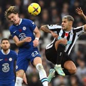 Newcastle player Bruno Guimaraes challenges Conor Gallagher of Chelsea during the Premier League match between Newcastle United and Chelsea FC at St. James Park on November 12, 2022 in Newcastle upon Tyne, England. (Photo by Stu Forster/Getty Images)