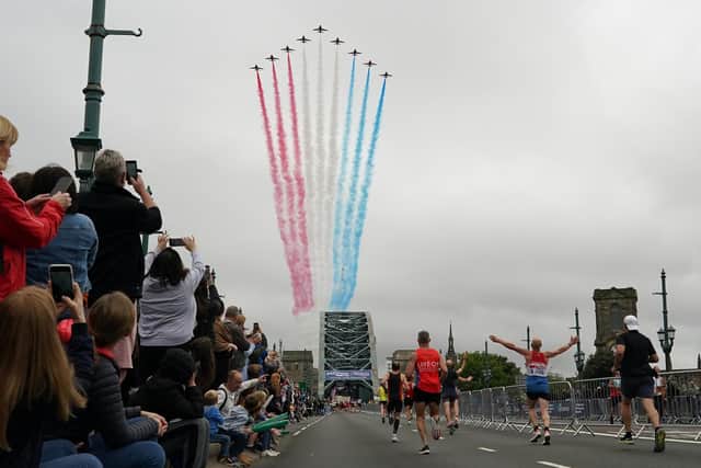 The Red Arrows, pictured here at the 2021 Great North Run - which followed an amended route around Newcastle - are always a highlight of race day for runners and spectators. Picture: Getty Images.