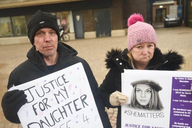 Family and friends of Sasha Marsden demonstrate in St John's Square on the 10 year anniverasry of her murder. Pictured is her father Gary Marsden and mother Jayne Marsden.