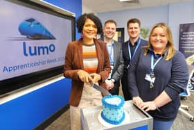 Chi Onwurah MP with Lumo Managing Director Martijn Gilbert with apprentice customer drivers Alex Thomas and Claire Walker