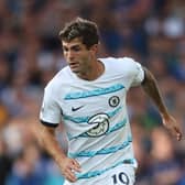 LIVERPOOL, ENGLAND - AUGUST 06: Christian Pulisic of Chelsea during the Premier League match between Everton FC and Chelsea FC at Goodison Park on August 06, 2022 in Liverpool, England. (Photo by Catherine Ivill/Getty Images)