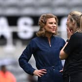 Newcastle United Co-owner Amanda Staveley chats to Newcastle Women manager Becky Langley on the pitch after the FA Women's National League Division One North match against Alnwick Town Ladies at St James' Park on May 01, 2022 in Newcastle upon Tyne, England. (Photo by Stu Forster/Getty Images)